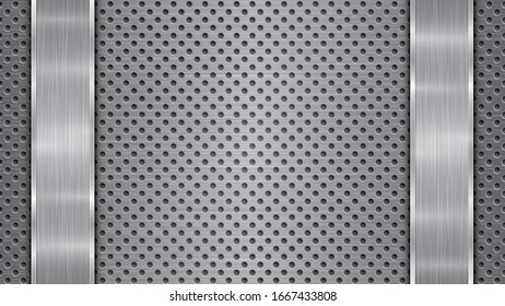 Background in silver and gray colors, consisting of a perforated metallic surface with holes and two vertical polished plates located left and right, with a metal texture, glares and shiny edges