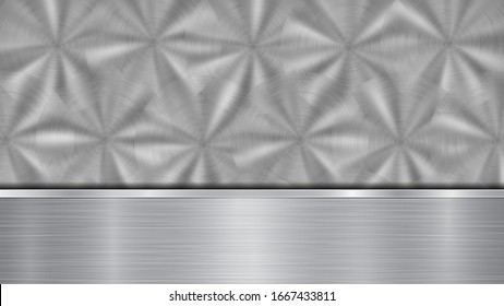Background in silver and gray colors, consisting of a shiny metallic surface and one horizontal polished plate located below, with a metal texture, glares and burnished edges