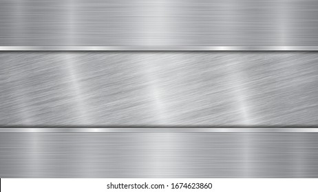 Background in silver and gray colors, consisting of a shiny metallic surface and two horizontal polished plates located above and below, with a metal texture, glares and burnished edges