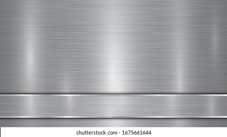 Background in silver and gray colors, consisting of a shiny metallic surface and one horizontal polished plate located below, with a metal texture, glares and burnished edges