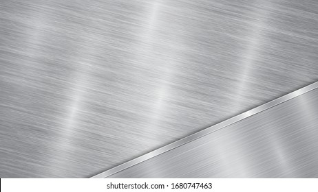 Background in silver and gray colors, consisting of a shiny metallic surface and one polished plate located in diagonal, with a metal texture, glares and burnished edge