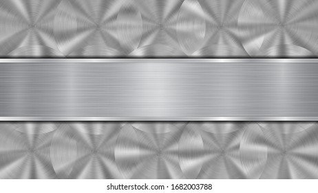 Background in silver and gray colors, consisting of a shiny metallic surface and one horizontal polished plate located centrally, with a metal texture, glares and burnished edges