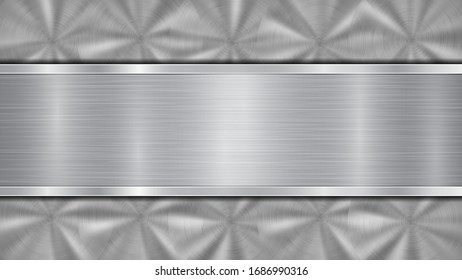 Background in silver and gray colors, consisting of a shiny metallic surface and one horizontal polished plate located centrally, with a metal texture, glares and burnished edges