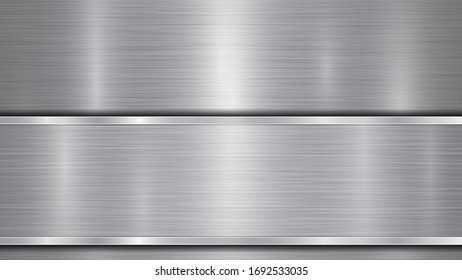 Background in silver and gray colors, consisting of a shiny metallic surface and one horizontal polished plate located below, with a metal texture, glares and burnished edges