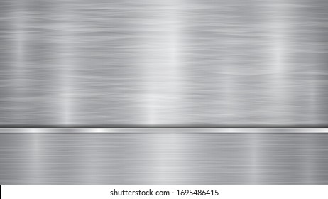 Background in silver and gray colors, consisting of a shiny metallic surface and one horizontal polished plate located below, with a metal texture, glares and burnished edges