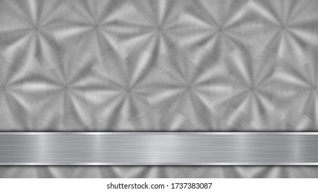 Background in silver and gray colors, consisting of a shiny metallic surface and one horizontal polished plate located below, with a metal texture, glares and burnished edges