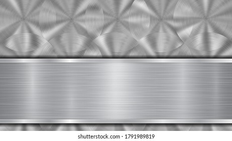 Background in silver and gray colors, consisting of a shiny metallic surface and one horizontal polished plate located below, with a metal texture, glares and burnished edges