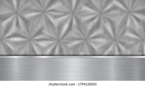 Background in silver and gray colors, consisting of a shiny metallic surface and one horizontal polished plate located below, with a metal texture, glares and burnished edges