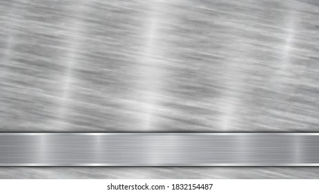 Background in silver and gray colors, consisting of a shiny metallic surface and one horizontal polished plate located below, with a metal texture, glares and burnished edges