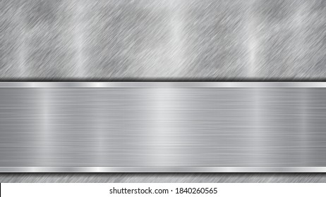 Background in silver and gray colors, consisting of a shiny metallic surface and one horizontal polished plate located below, with a metal texture, glares and burnished edges