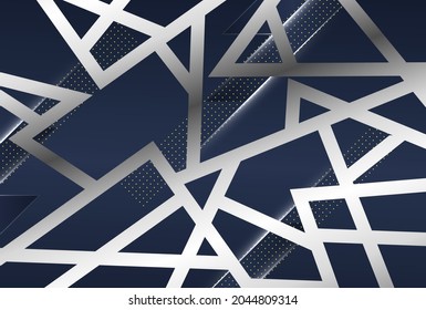 Background in silver and gray colors, consisting of a perforated metallic surface with holes and several randomly arranged intersecting polished plates with a metal texture, glares and shiny edges
