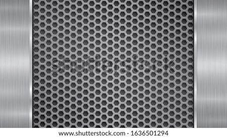 Background in silver and gray colors, consisting of a perforated metallic surface with holes and two vertical polished plates located left and right, with a metal texture, glares and shiny edges