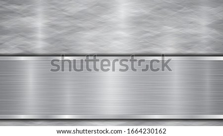 Background in silver and gray colors, consisting of a shiny metallic surface and one horizontal polished plate located below, with a metal texture, glares and burnished edges