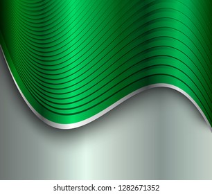 Background silver green metal, shiny metallic chrome waves, vector illustration.