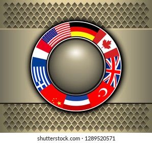 Background silver grey and button with flags around, 3D vector illustration.