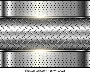 Background Silver Metallic, 3d Chrome Vector Design With Diamond Plate Sheet Metal Texture.