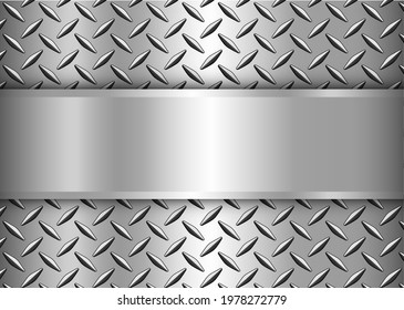 Background silver metallic, 3d chrome vector design with diamond plate sheet metal texture and copy space.