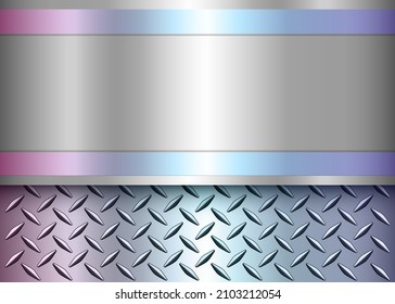 Background silver metallic, 3d chrome design with diamond plate sheet metal texture and soft iridescence color, vector illustration.