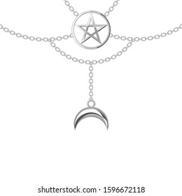 Background with silver metallic necklace. Pentagram pendant and chains. On white. Vector illustration