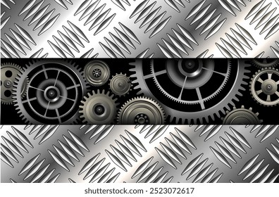 Fondo plateado metálico con engranajes de tecnología, Ilustración vectorial.