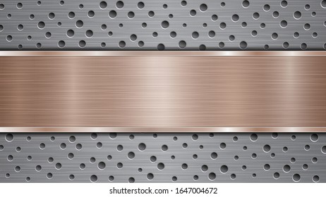 Background of silver perforated metallic surface with holes and horizontal bronze polished plate with a metal texture, glares and shiny edges