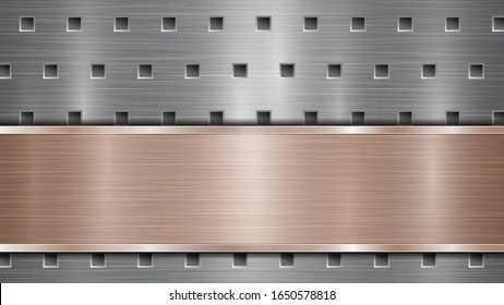 Hintergrund silberperforierter metallischer Oberfläche mit Löchern und horizontal polierter Bronzeteller mit Metallstruktur, Glasscheiben und glänzenden Kanten
