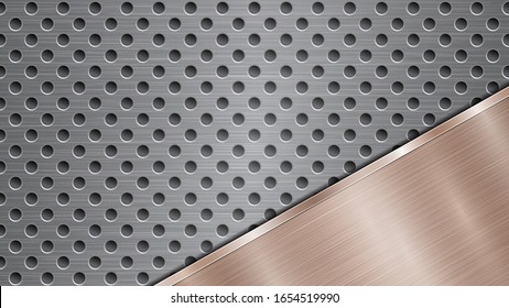 Background of silver perforated metallic surface with holes and angled bronze polished plate with a metal texture, glares and shiny edges