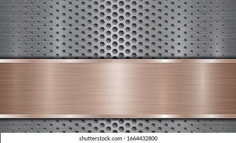 Background of silver perforated metallic surface with holes and horizontal bronze polished plate with a metal texture, glares and shiny edges