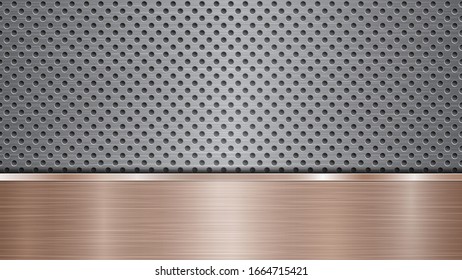 Background of silver perforated metallic surface with holes and horizontal bronze polished plate with a metal texture, glares and shiny edges