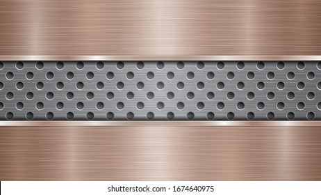 Background of silver perforated metallic surface with holes and two horizontal bronze polished plates with a metal texture, glares and shiny edges