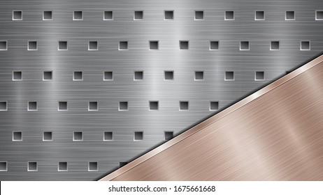 Background of silver perforated metallic surface with holes and angled bronze polished plate with a metal texture, glares and shiny edges
