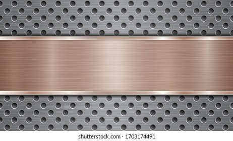 Fondo de superficie metálica plateada perforada con orificios y chapa horizontal pulida de bronce con textura metálica, glares y bordes brillantes