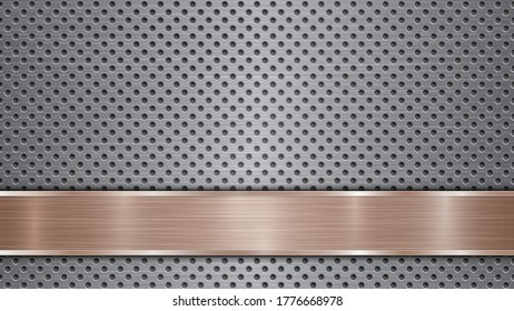 Background of silver perforated metallic surface with holes and horizontal bronze polished plate with a metal texture, glares and shiny edges