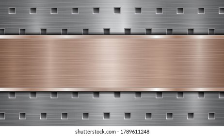 Fondo de la superficie metálica perforada de plata con agujeros y placa horizontal pulida de bronce con textura metálica, glares y bordes brillantes
