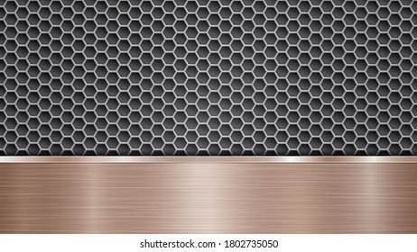 Background of silver perforated metallic surface with holes and horizontal bronze polished plate with a metal texture, glares and shiny edges