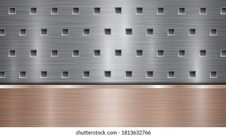 Background of silver perforated metallic surface with holes and horizontal bronze polished plate with a metal texture, glares and shiny edges