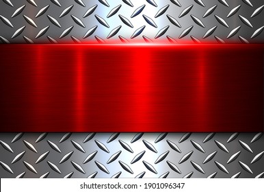 Background silver red metallic, 3d chrome vector design with diamond plate sheet metal texture.