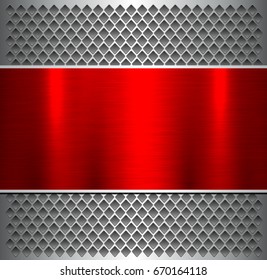 Background silver red with metallic, brushed metal banner over perforated pattern, vector illustration.