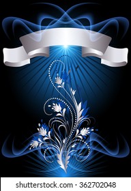 Background with silver ribbon, glowing star and silver ornament