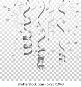 Background with Silver Streamer and Confetti on transparent background, isolated vector illustration