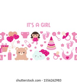Background with simple baby symbols. Vector design templates with pink glitters for greeting gift cards, flyers etc. It's a girl.
