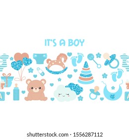 Background with simple baby symbols. Vector design templates with blue glitters for greeting gift cards, flyers etc. It's a boy.