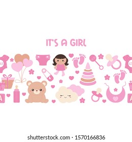 Background with simple baby symbols. Vector design templates for greeting gift cards, flyers etc. It's a girl.