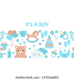 Background with simple baby symbols. Vector design templates for greeting gift cards, flyers etc. It's a boy.
