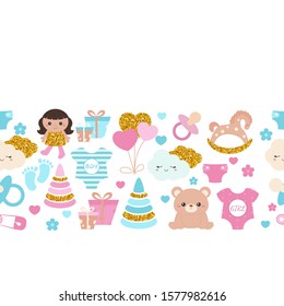 Background with simple baby symbols. Vector design templates with gold glitters for greeting gift cards, flyers, posters etc.