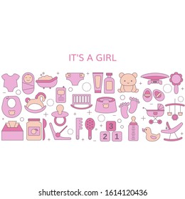 Background with simple baby symbols. Vector design templates for greeting gift cards, flyers etc. It's a girl.