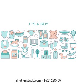 Background with simple baby symbols. Vector design templates for greeting gift cards, flyers etc. It's a boy.