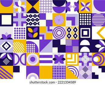 Background of simple geometric shapes in purple tones, neo style. Modern fashionable art.