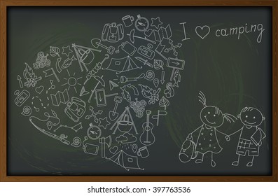 Background with simple hand-drawn icons on the theme of camping and traveling, chalk on a blackboard