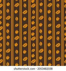 The background is a simple orange autumn striped. Autumn acorn, leaves. Beautiful wrapping paper for the October Halloween carnival. Vector illustration